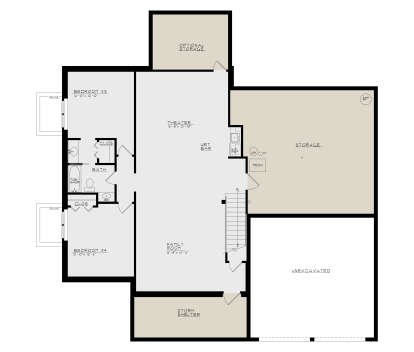 Basement: 2 BR, 1 BA, Theater, Wet Bar, Family Room, Stairs, Storm Shelter, Storage, Mech, Unexcavated area. House Plan # 4440-00001 Basement Floor Plan Drawing by America's Best House Plans, Inc.