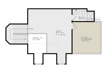 Second Floor: Loft, 1 BA, Attic Storage, Mech room, stairs, open to foyer below. 9-ft ceiling in loft. Unheated: attic area. House Plan # 4440-00002 Second Floor Floor Plan Drawing by America's Best House Plans, Inc.