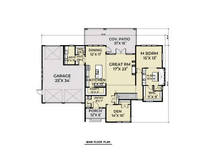 Main Floor: 1BR, 1.5BA, Great Rm, Kitchen, Dining, Den, Pantry, Ldry, Mud, 3-car garage, Cov. Patio, Porch, 2 WICs, Stairs. House Plan # 2464-00245 Main Floor  Floor Plan Drawing by America's Best House Plans, Inc.