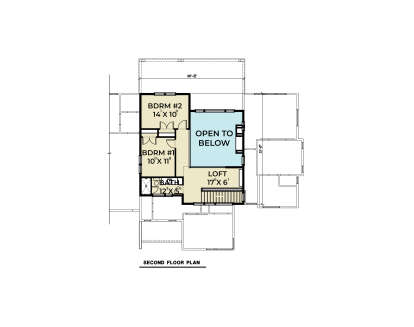 Second Floor: 2BR, 1BA, Loft, Open to below area, stairs, closets. House Plan # 2464-00245 Second Floor Floor Plan Drawing by America's Best House Plans, Inc.