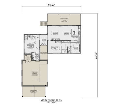 Main Floor: 2BR, 2BA, Living, Dining, Kitchen, Mud, Courtyard, 2-car garage, Carport, Deck, WIC. Unheated: garage/deck/carport. House Plan # 5631-00346 Main Floor  Floor Plan Drawing by America's Best House Plans, Inc.
