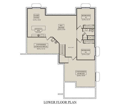 Basement: 2BR, 1BA, Rec Room, Game Nook, opt. Bar, stairs. Unfinished storage/mech areas. House Plan # 5631-00347 Basement Floor Plan Drawing by America's Best House Plans, Inc.