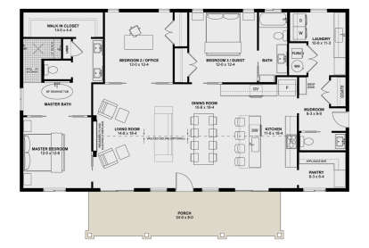 Main Floor: 3BR, 2BA, Kitchen, Dining, Vaulted Living, Pantry, Mudroom, Ldry, WIC, Fireplace, Porch. House Plan # 2699-00064 Main Floor  Floor Plan Drawing by America's Best House Plans, Inc.