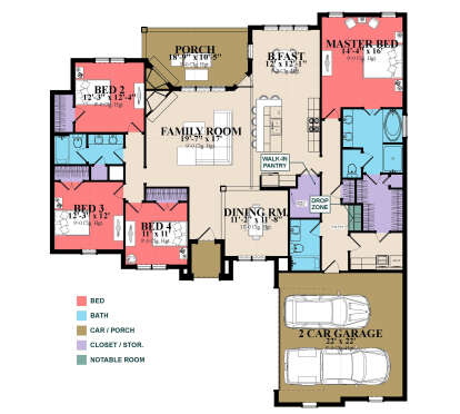 Main Floor: 4BR, 3BA, Family, Dining, Brkfst, Pantry, Ldry, Drop Zone, 2-car garage, Porch, WICs, 9' ceilings throughout. House Plan # 1070-00371 Main Floor  Floor Plan Drawing by America's Best House Plans, Inc.