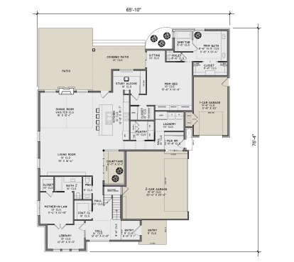 Main Floor: 2BR, 2.5BA, Vaulted Dining, Living, Kitchen, Study, Library, Ldry, Mud, 3-car garage, Courtyard, Covered Patio. House Plan # 9480-00018 Main Floor  Floor Plan Drawing by America's Best House Plans, Inc.