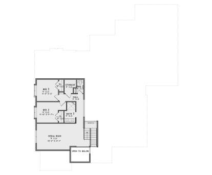 Second Floor: 2BR, 1BA, 1PWD, Media Room, Storage, 9' ceilings, stairs, open to below. House Plan # 9480-00018 Second Floor Floor Plan Drawing by America's Best House Plans, Inc.
