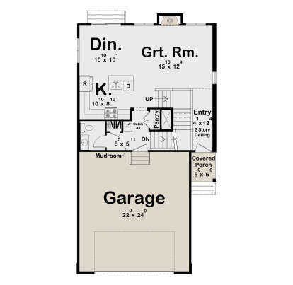 Main Floor: Kitchen, Dining, Grt Rm, 0.5 BA, Pantry, Mudroom, 2-car garage, 2-story Entry, stairs, covered porch. House Plan # 963-01310 Main Floor  Floor Plan Drawing by America's Best House Plans, Inc.