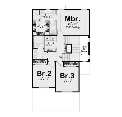 Second Floor: 3BR, 2BA, Mbr suite with WIC, Ldry, Linen closets, stairs, open to below area. 8'-6" ceiling in Mbr. House Plan # 963-01310 Second Floor Floor Plan Drawing by America's Best House Plans, Inc.