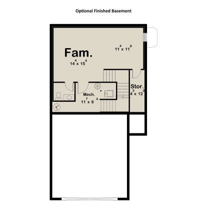 Basement: Family room, 1 BA, Mech room, Storage, stairs. Unheated: Storage area. House Plan # 963-01310 Basement Floor Plan Drawing by America's Best House Plans, Inc.