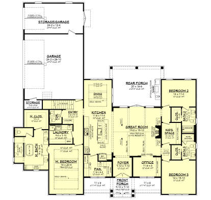 Main Floor: 3BR, 3BA, Great Rm, Kitchen, Dining, Office, Pantry, Ldry, 3-car garage, 2 porches, fireplace, vaulted/tray clg. House Plan # 041-00445 Main Floor  Floor Plan Drawing by America's Best House Plans, Inc.