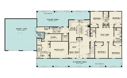 Main Floor: 5BR, 3.5BA, Vaulted Great Room, Kitchen, Kid's Living, Pantry, Ldry/Mud, 2 Covered Porches, 2-car Garage/Shop. House Plan # 8318-00488 Main Floor  Floor Plan Drawing by America's Best House Plans, Inc.