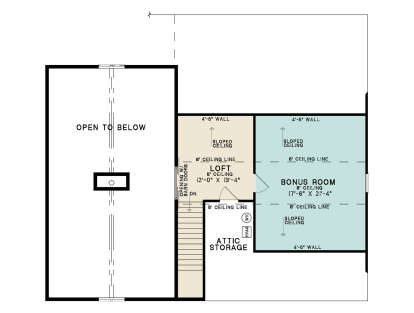 Second Floor: Loft, Bonus Room, Attic Storage, Stairs, Open to Below. Sloped ceilings throughout. House Plan # 8318-00488 Second Floor Floor Plan Drawing by America's Best House Plans, Inc.