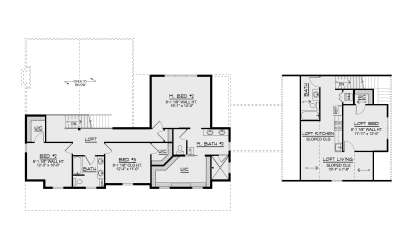 Second Floor: 4BR, 3BA, Loft, Kitchen, Living, 3 WIC, Ldry, Stairs. Sloped ceilings in loft area, open to below. House Plan # 5032-00447 Second Floor Floor Plan Drawing by America's Best House Plans, Inc.