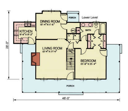 Main Floor: 1BR, 1BA, Living Room, Dining, Kitchen, Ldry, 2 Closets, Linen, Stairs, Fireplace, 2 Porches. Unheated: Porches. House Plan # 699-00528 Main Floor  Floor Plan Drawing by America's Best House Plans, Inc.