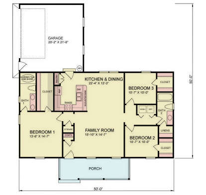 Main Floor: 3BR, 2BA, Family, Kitchen/Dining, Pantry, Ldry, 2-car garage, Porch. WIC, storage, linen closets. Unheated: garage. House Plan # 699-00529 Main Floor  Floor Plan Drawing by America's Best House Plans, Inc.