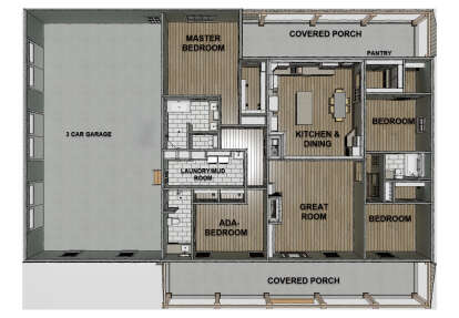 Overhead Main Floor: 3BR, 2.5BA, Great Room, Kitchen/Dining, Pantry, Ldry/Mud, 3-car garage, 2 Covered Porches, Fireplace. House Plan # 1776-00188 Overhead Main Floor Floor Plan Drawing by America's Best House Plans, Inc.