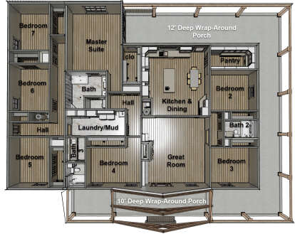 Overhead Main Floor: 6BR, 3BA, Great Room, Kitchen/Dining, Pantry, Ldry/Mud, Wrap-around porches. Unheated: porch areas. House Plan # 1776-00189 Overhead Main Floor Floor Plan Drawing by America's Best House Plans, Inc.