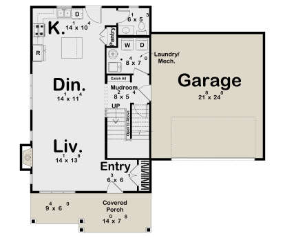 Main Floor: Kitchen, Dining, Living, 1 BA, Ldry, Mudroom, Pantry, Entry, 2-car garage, stairs, fireplace, covered porch. House Plan # 963-01311 Main Floor  Floor Plan Drawing by America's Best House Plans, Inc.