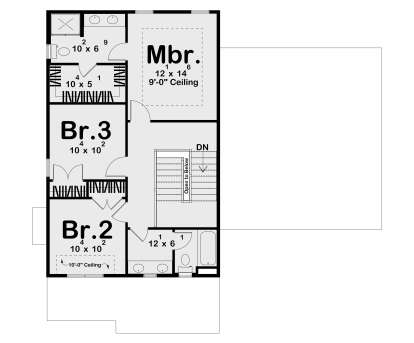 Second Floor: 3BR, 2BA, WIC, stairs, open to below. 9' ceiling in Mbr, 10' ceiling in Br.2. House Plan # 963-01311 Second Floor Floor Plan Drawing by America's Best House Plans, Inc.