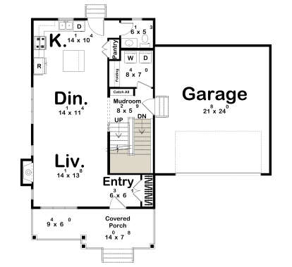 Main Floor w/ Basement Stairs: Kitchen, Dining, Living, 1 BA, Ldry, Mudroom, Pantry, 2-car garage, Covered Porch, Fireplace. House Plan # 963-01311 Main Floor w/ Basement Stairs Location Floor Plan Drawing by America's Best House Plans, Inc.