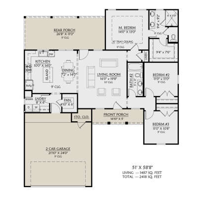 Main Floor: 3BR, 2BA, Living, Kitchen, Dining, Ldry, Pantry. 2-car garage, 2 porches. WIC, Tray ceiling in Master. House Plan # 4534-00165 Main Floor  Floor Plan Drawing by America's Best House Plans, Inc.