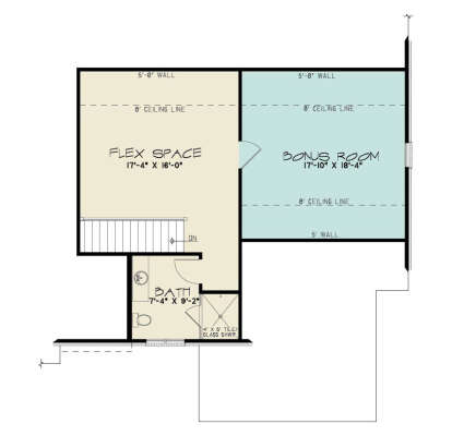 Second Floor: Flex space, Bonus room, 1 BA, stairs. Features 5' knee walls and 8' ceiling lines. House Plan # 8318-00489 Second Floor Floor Plan Drawing by America's Best House Plans, Inc.