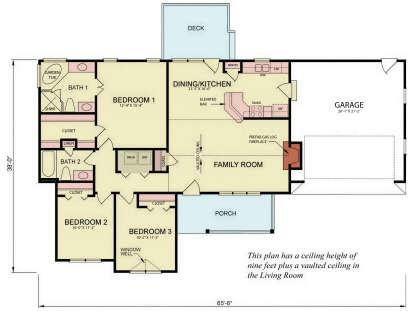 Main Floor: 3BR, 2BA, Vaulted Family Rm, Dining/Kitchen, Ldry, 2-car garage, Deck, Porch, Fireplace. Unheated: garage/deck. House Plan # 699-00531 Main Floor  Floor Plan Drawing by America's Best House Plans, Inc.