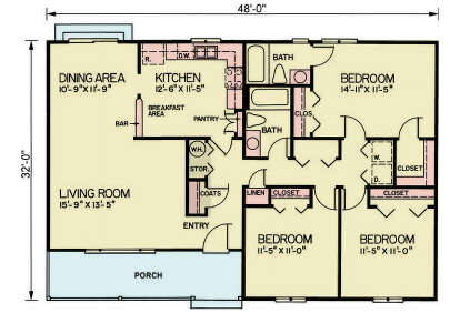 Main Floor: 3BR, 2BA, Living, Dining, Kitchen, Brkfst, Pantry, Ldry, Porch. Closets: WIC, Linen, Coat, Storage. House Plan # 699-00532 Main Floor  Floor Plan Drawing by America's Best House Plans, Inc.