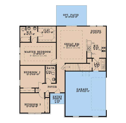 Main Floor: 3BR, 2BA, Great Rm, Kitchen, Dining, Ldry, Foyer, 2-car garage, Porch, Opt Patio. 9' Boxed ceilings. Stairs. House Plan # 8318-00490 Main Floor  Floor Plan Drawing by America's Best House Plans, Inc.