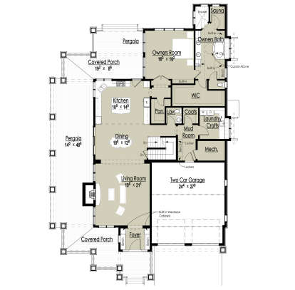 Main Floor: 1BR, 1.5BA, Kitchen, Dining, Living, Sauna, WIC, Ldry, Mud, 2-car garage, stairs, 2 covered porches, 2 pergolas. House Plan # 7806-00024 Main Floor  Floor Plan Drawing by America's Best House Plans, Inc.