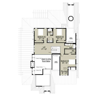 Second Floor: 3BR, 2BA, Loft, Play Area, Reading Alcove, WIC, Linen closets, stairs, Attic access, open to living below. House Plan # 7806-00024 Second Floor Floor Plan Drawing by America's Best House Plans, Inc.