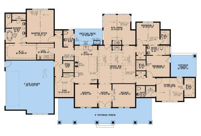 Main Floor: 4BR, 3.5BA, Great Rm, Kitchen, Dining, Studio, Sun Rm, 2-car garage, 3 porches, WICs, pantry, vaulted ceilings. House Plan # 8318-00491 Main Floor  Floor Plan Drawing by America's Best House Plans, Inc.