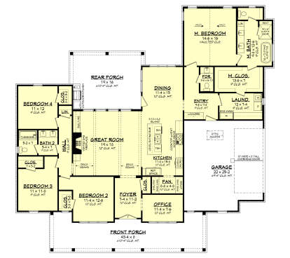 4BR, 2.5BA, Great Rm w/ FP, Kitchen, Dining, Office, Pantry, Ldry, 2-car garage, Front/Rear Porches, Vaulted M. BR, WIC. House Plan # 041-00446 Floor Plan Drawing by America's Best House Plans, Inc.