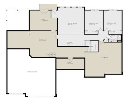 Basement: 2 BR, 1 BA, Entertaining room, Storm shelter, large storage areas, stairs, yard storage, unexcavated area. House Plan # 4440-00003 Basement Floor Plan Drawing by America's Best House Plans, Inc.