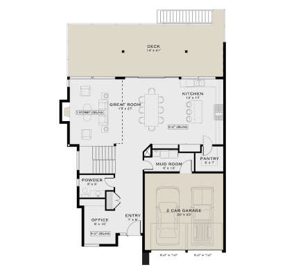 Main Floor: 0 Bed, 1.5 Bath, Great Room, Kitchen, Office, Mud Room, Pantry, 2-car garage, Deck, Stairs. 2-story ceiling. House Plan # 5984-00068 Main Floor  Floor Plan Drawing by America's Best House Plans, Inc.