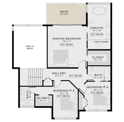 Second Floor: 3BR, 2BA, Gallery, Deck, Stairs, Open to Below. 12' Master ceiling, 9' ceilings elsewhere. WIC, steam shower. House Plan # 5984-00068 Second Floor Floor Plan Drawing by America's Best House Plans, Inc.