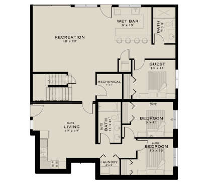 Basement: 3BR, 2BA, Rec room, Wet bar, Suite living area, Kitchenette, Ldry, Mechanical room, Stairs. House Plan # 5984-00068 Basement Floor Plan Drawing by America's Best House Plans, Inc.