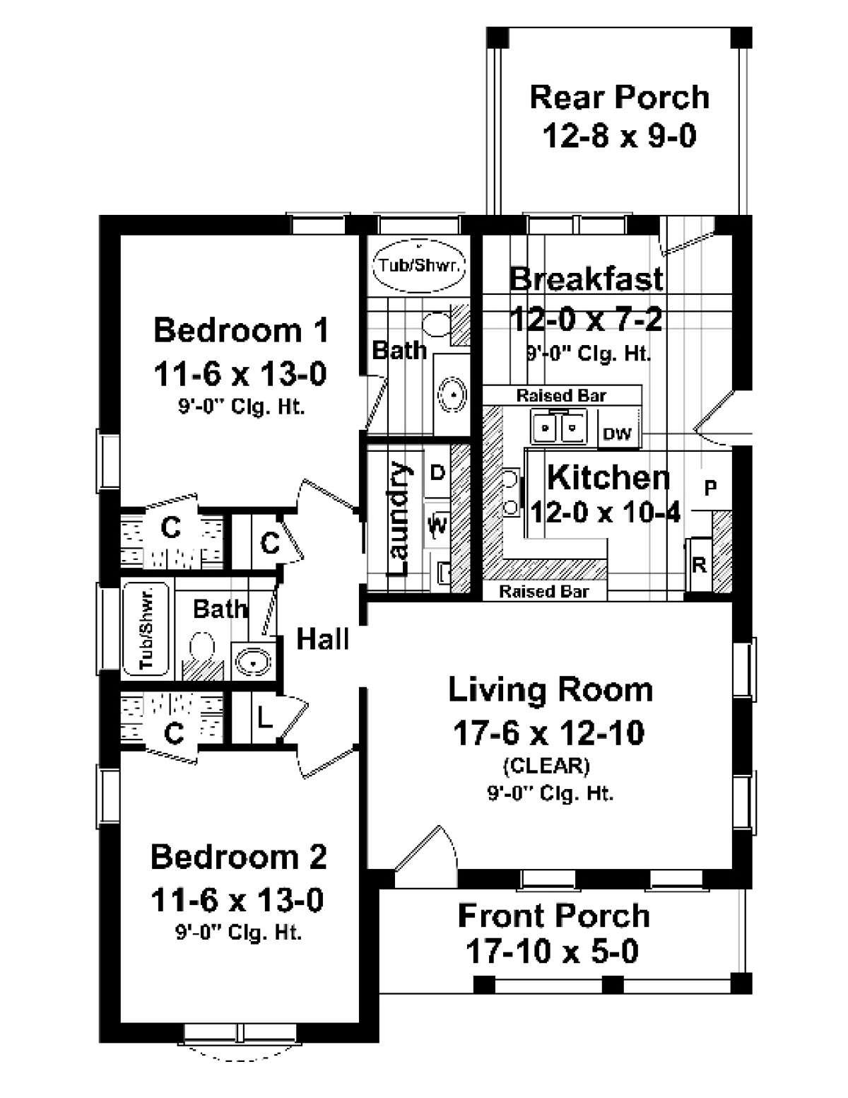 Traditional Plan: 1,100 Square Feet, 2 Bedrooms, 2 Bathrooms - 348-00005