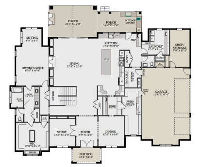Main Floor: 1BR, 1.5BA, Living, Kitchen, Dining, Study, Ldry, Mudroom, 3-car garage, Portico, Porches, Outdoor Kitchen. House Plan # 6849-00182 Main Floor  Floor Plan Drawing by America's Best House Plans, Inc.