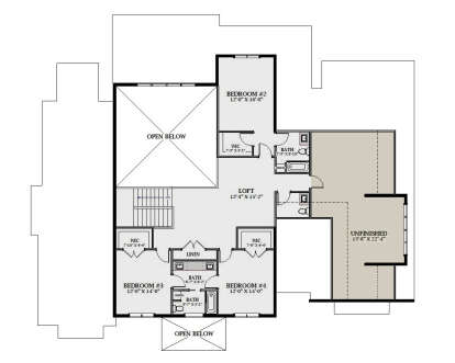 Second Floor: 3BR, 3BA, Loft, 3 WIC, Linen closet, stairs, open to below. Unfinished area (unheated). House Plan # 6849-00182 Second Floor Floor Plan Drawing by America's Best House Plans, Inc.