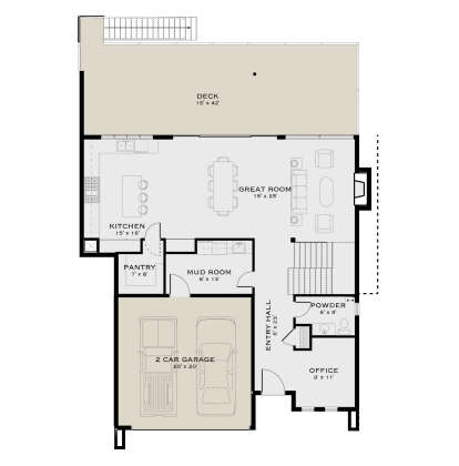Main Floor: Office, 0.5 BA, Great Room, Kitchen, Pantry, Mud Room, 2-car garage, Deck, Stairs. Unheated: garage, deck. House Plan # 5984-00069 Main Floor  Floor Plan Drawing by America's Best House Plans, Inc.
