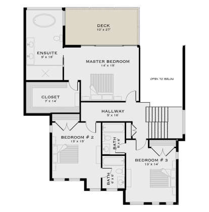 Second Floor: 3BR, 3BA, Master Suite with WIC & Ensuite, Hallway, Stairs, Deck, Open to below. Unheated: Deck area. House Plan # 5984-00069 Second Floor Floor Plan Drawing by America's Best House Plans, Inc.