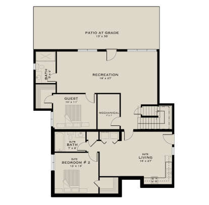 Basement: 2BR, 2BA, Recreation room, Suite living area with kitchenette, Mechanical room, stairs, patio at grade. House Plan # 5984-00069 Basement Floor Plan Drawing by America's Best House Plans, Inc.
