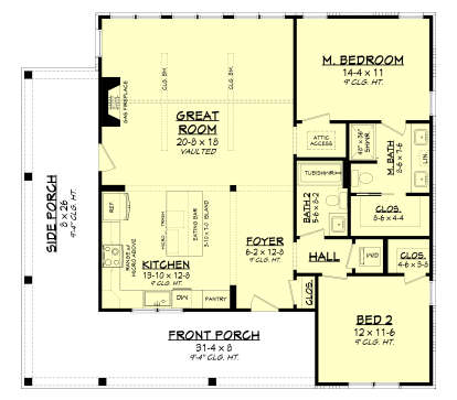 Main Floor: 2BR, 2BA, Vaulted Great Room, Gas Fireplace, Kitchen, Foyer, Ldry, 2 Porches, 3 Closets. Unheated: Porch areas. House Plan # 041-00447 Main Floor  Floor Plan Drawing by America's Best House Plans, Inc.
