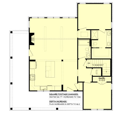 Main Floor w/ Basement Stairs: 1BR, 2BA, Kitchen, Living, Fireplace, WIC, Closet. Unheated: large wrap-around porch. House Plan # 041-00447 Main Floor w/ Basement Stairs Location Floor Plan Drawing by America's Best House Plans, Inc.