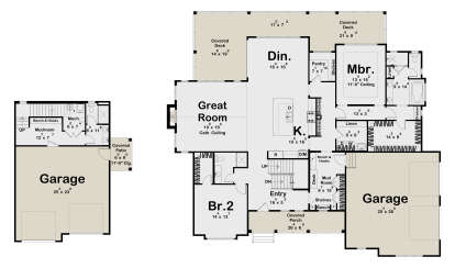 Main Floor: 2BR, 2BA, Great Room (Cath. Ceiling), Kitchen, Dining, 2 Mudrooms, 2 Garages, 2 Covered Decks, Porch, Pantry. House Plan # 963-01312 Main Floor  Floor Plan Drawing by America's Best House Plans, Inc.