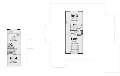 Second Floor: 2 BR, 1 BA, Living, Kitchen, Loft, Mech room, stairs. Cath. ceilings, 9' ceilings. Linen closets. House Plan # 963-01312 Second Floor Floor Plan Drawing by America's Best House Plans, Inc.