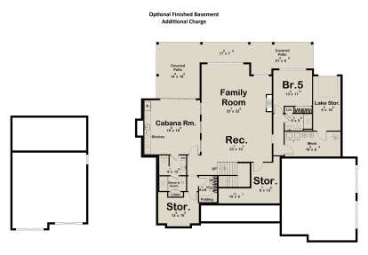 Basement: 1BR, 1BA, Cabana Rm, Family, Rec, Ldry, 2 Storage, Mech, Lake Stor, Stairs, 2 Covered Patios. Unheated: Patios. House Plan # 963-01312 Basement Floor Plan Drawing by America's Best House Plans, Inc.
