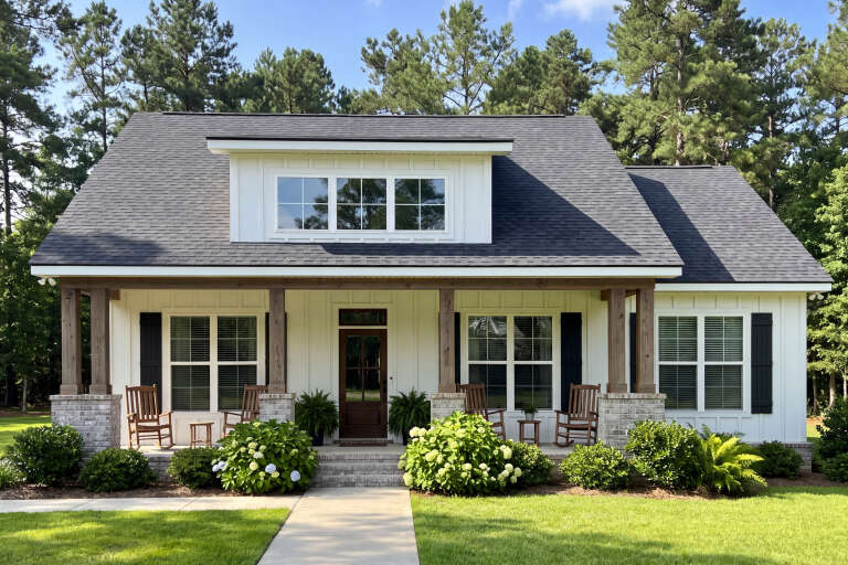 White Modern Farmhouse, Front Elevation, board-and-batten siding, brick base, wood posts, dark shutters, lush landscaping. House Plan # 009-00525 Digital Rendering by America's Best House Plans, Inc.