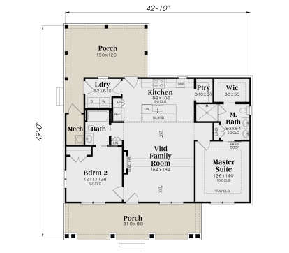 Main Floor: 2BR, 2BA, Vltd Family, Kitchen, Pantry, Ldry, Mech, 2 Porches, Elec Fpl. Tray ceiling in Master, WIC. House Plan # 009-00525 Main Floor Floor Plan Drawing by America's Best House Plans, Inc.